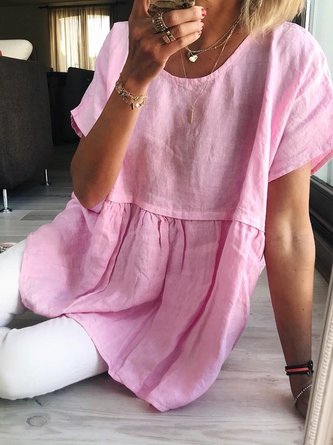 Linen Short Sleeve Solid Round Neck Blouse