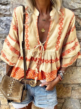 Tribal V Neck 3/4 Sleeve Blouse