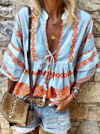 Tribal V Neck 3/4 Sleeve Blouse