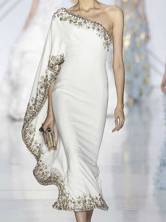 Elegant Asymmetrical Ruffled Single Sleeve Evening Midi Dress