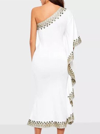 Elegant Asymmetrical Ruffled Single Sleeve Evening Midi Dress