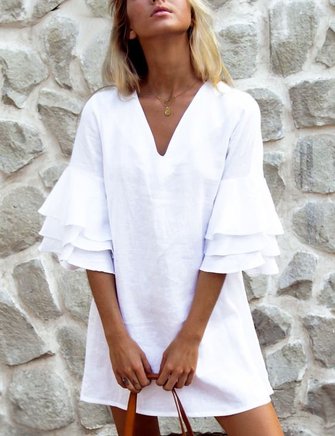 White Solid Half Sleeve Dress