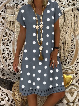 Women V-Neck Short Sleeve Hollow Polka Dot Summer Dress