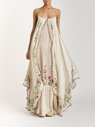 Spaghetti Maxi Dresses Shift Casual Embroidery Dress