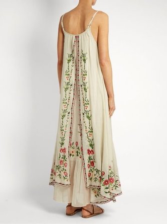Spaghetti Maxi Dresses Shift Casual Embroidery Dress
