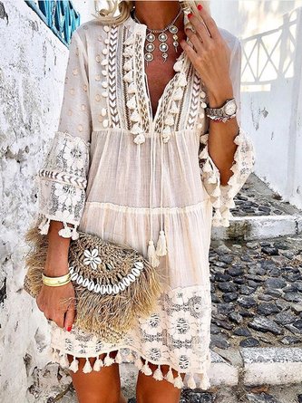 3/4 Sleeve V Neck Holiday Boho Dress