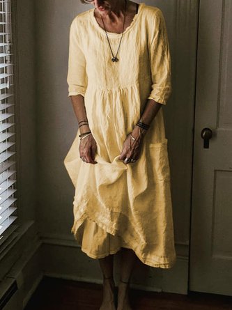 Plus Size Midi Dresses Women Solid 3/4 Sleeve Crew Neck Dress