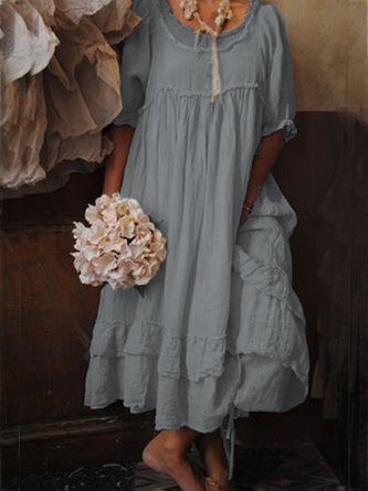 Beige Short Sleeve Cotton Crew Neck Dress