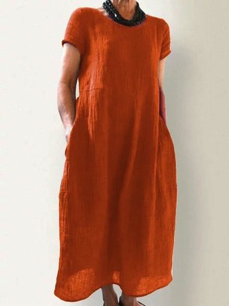 Summer Pockets Round Neck Shift Linen Dress