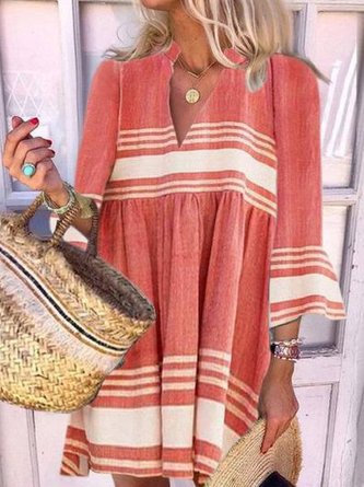 3/4 Sleeve Cotton-Blend V Neck Dress