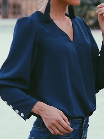 Casual Plain Paneled V Neck Top
