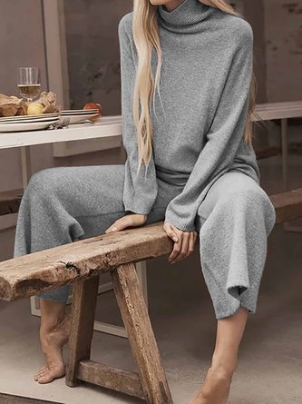 Turtleneck Long Sleeve Knitted Two Pieces Sets Suit