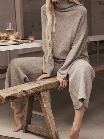 Turtleneck Long Sleeve Knitted Two Pieces Sets Suit