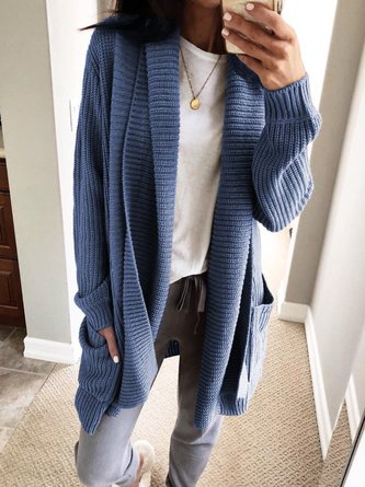 Plus Size Casual Pockets Knitted Long Sleeve Solid Outerwear