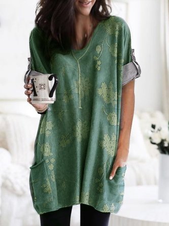 V-neck Flowers Printed Daily Casual Top