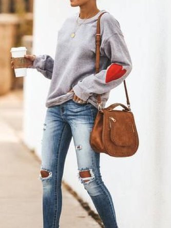 Printed Long Sleeve Round Neck Cotton-Blend Top