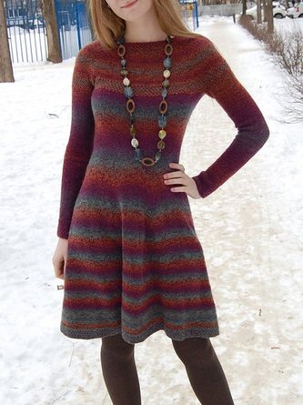 Knitted Crew Neck Long Sleeve Printed Dress