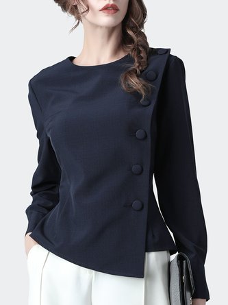 Navy Blue Casual Buttoned Asymmetric Blouse