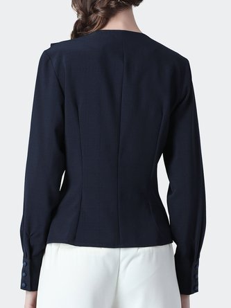 Navy Blue Casual Buttoned Asymmetric Blouse