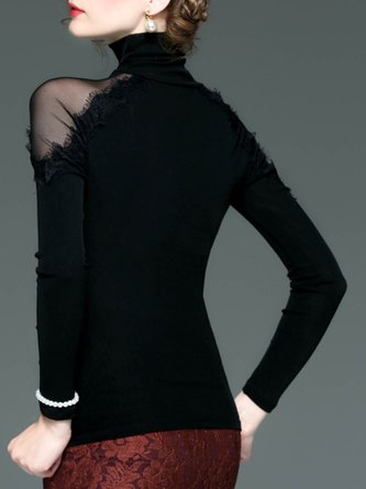 Black Casual See-Through Look Feather-Trimmed Top