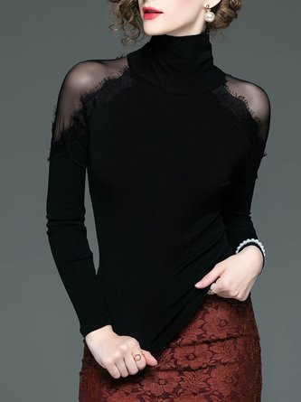 Black Casual See-Through Look Feather-Trimmed Top