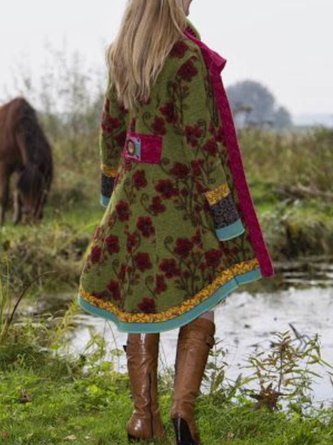 Floral Long Sleeve Cotton-Blend Casual Coat