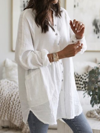 Plus Size Solid Casual  Long Sleeve  Pockets Top