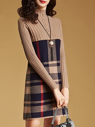 Checkered Stand Collar Casual Sweater Dress
