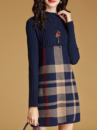 Checkered Stand Collar Casual Sweater Dress
