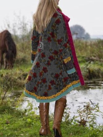 Floral Long Sleeve Cotton-Blend Casual Coat