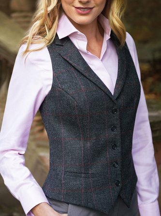 Gingham Lapel Sleeveless Buttoned Jackets