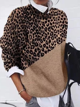 Khaki Leopard Print Color-Block Long Sleeve Sweater