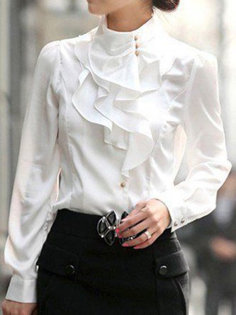 Women Ruffled Crew Neck Solid Elegant Blouse