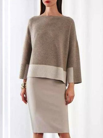 Knitted Color-Block Casual Top with Skirt Set