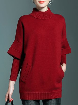 Red Casual Long Sleeve Turtleneck Sweater