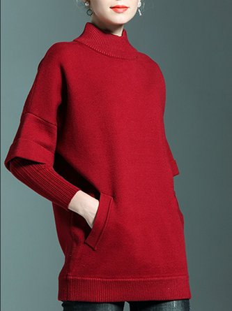 Red Casual Long Sleeve Turtleneck Sweater