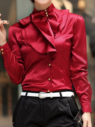 Women Ruffled Crew Neck Solid Elegant Blouse