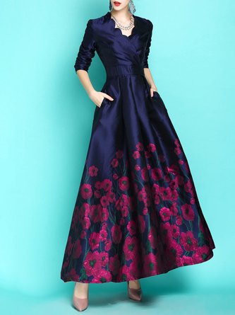 V neck Floral Printed Elegant Maxi Dress