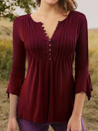 Plus Size Plain Long Sleeve V Neck Casual Top