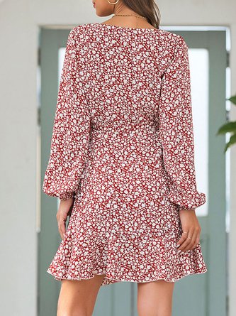 Surplice Neck Red Floral Holiday Midi Dress