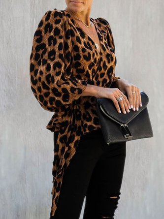 Leopard Print Balloon Sleeve Shift Casual Top