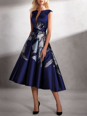 Asymmetric Printed A-Line Prom Elegant Midi Dress