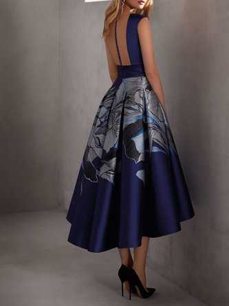Asymmetric Printed A-Line Prom Elegant Midi Dress