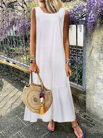 Linen Plain Crew Neck Casual Dress