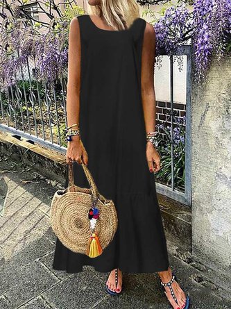 Linen Plain Crew Neck Casual Dress