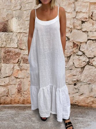 Women Pockets Spaghetti Linen Maxi Dress