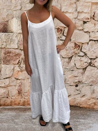Women Pockets Spaghetti Linen Maxi Dress