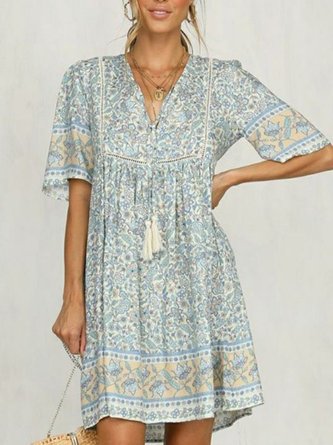 Light Blue Half Sleeve Cotton-Blend Dresses