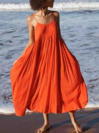 Orange Red Swing Spaghetti Cotton Holiday Dress