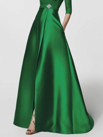 Ball Gown Date Solid Elegant Maxi Dress With Brooch